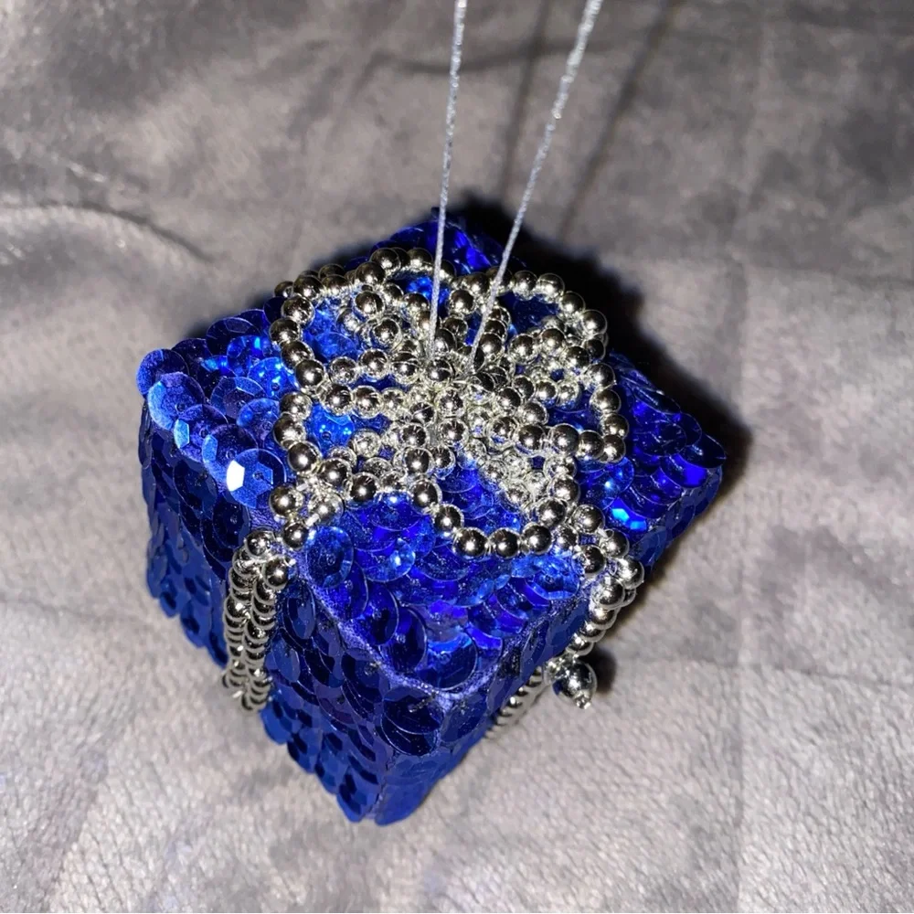Blue Sequin Jewelry Ring Gift Box / Christmas‎ ornament with Silver Beads